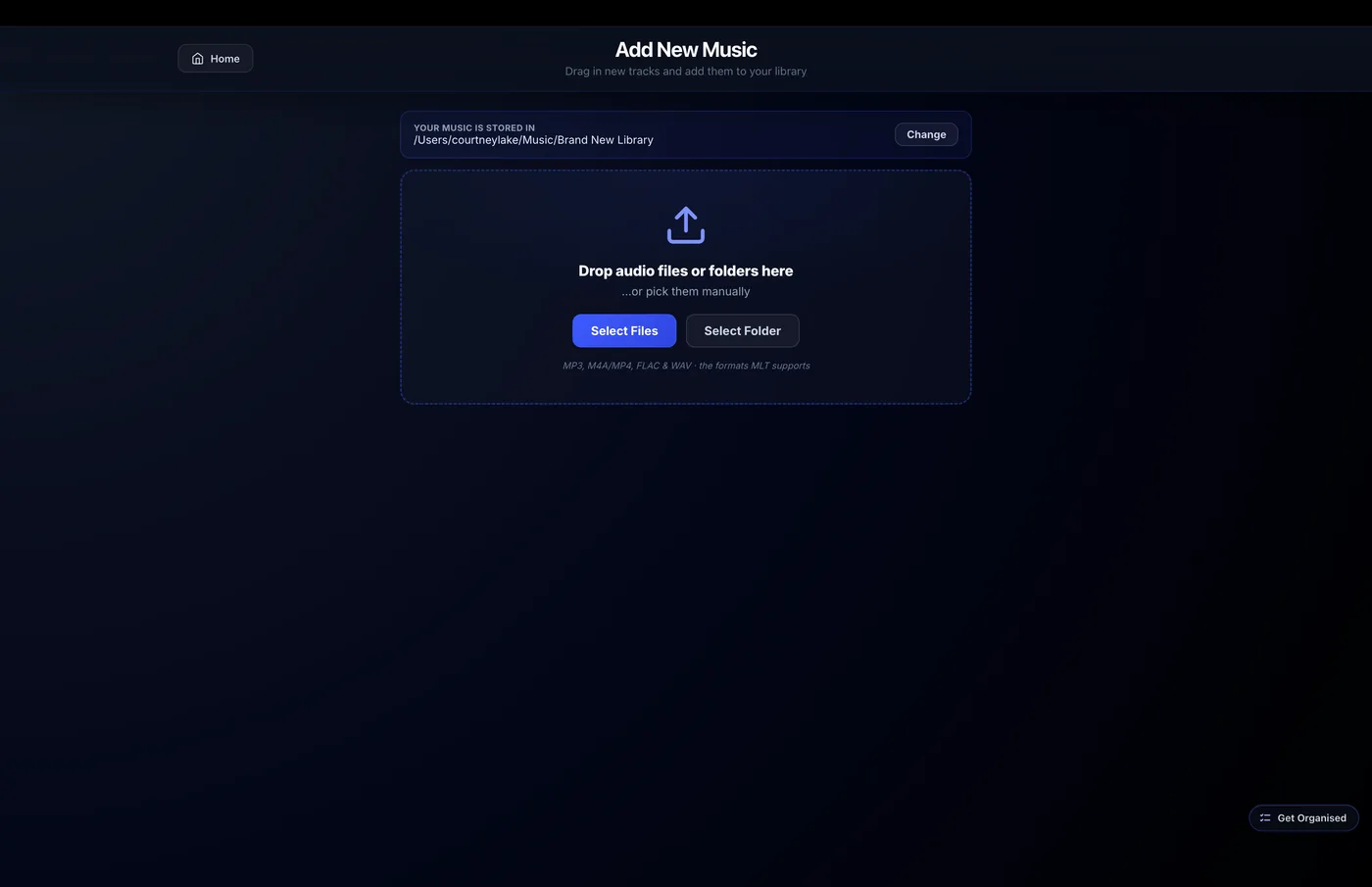 MLT Add New Music drop zone — drag audio files or folders in, or pick them manually.