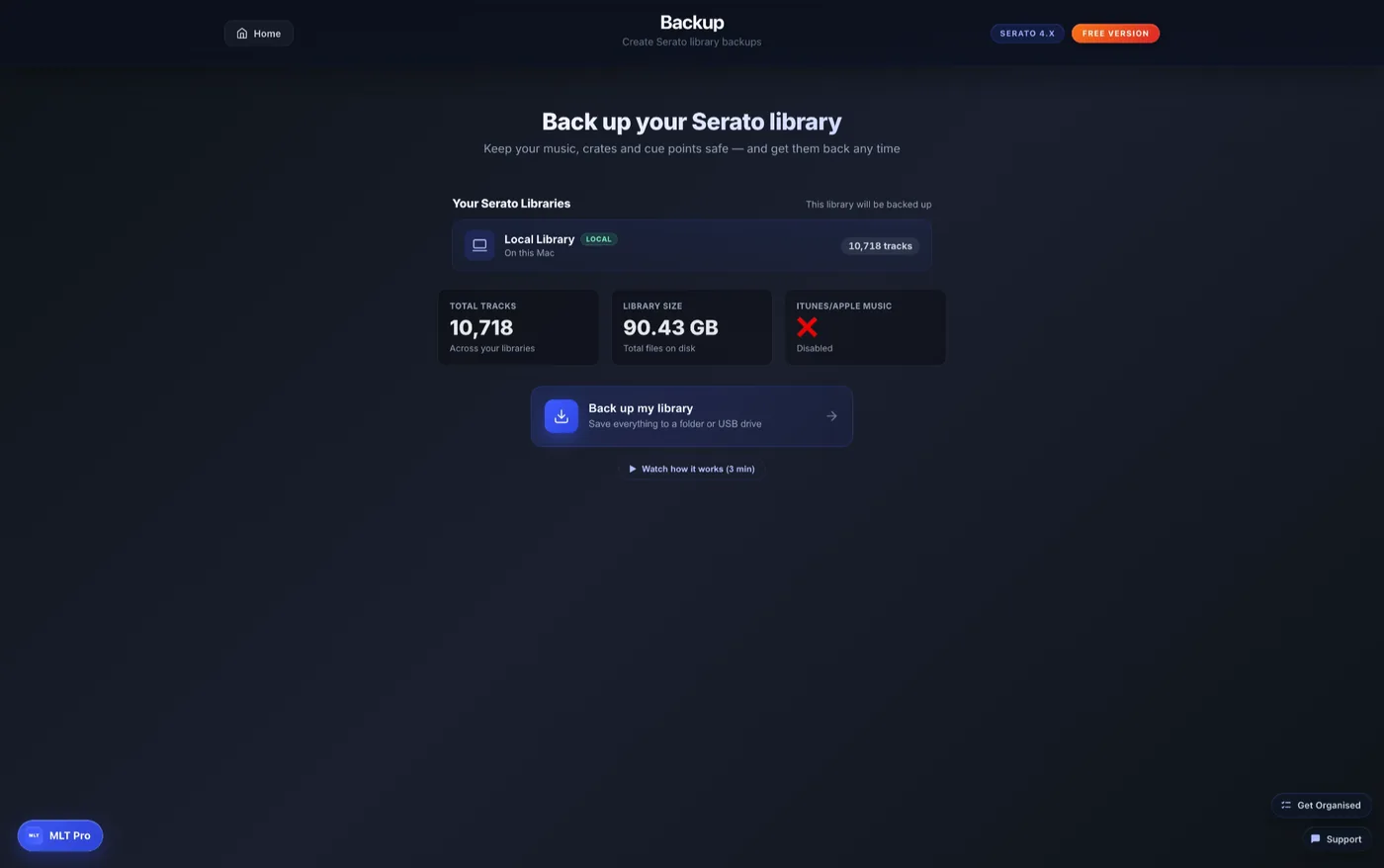 MLT Backup showing the Serato library summary — 10,718 tracks, 90.43 GB — ready to back up.