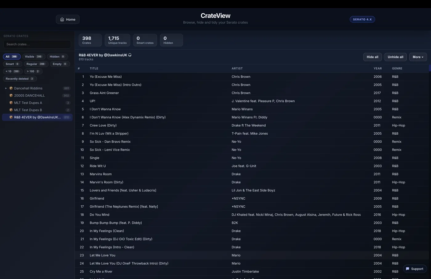 MLT CrateView listing 398 crates and 1,715 unique tracks, with filters for visible, hidden, smart and empty crates.