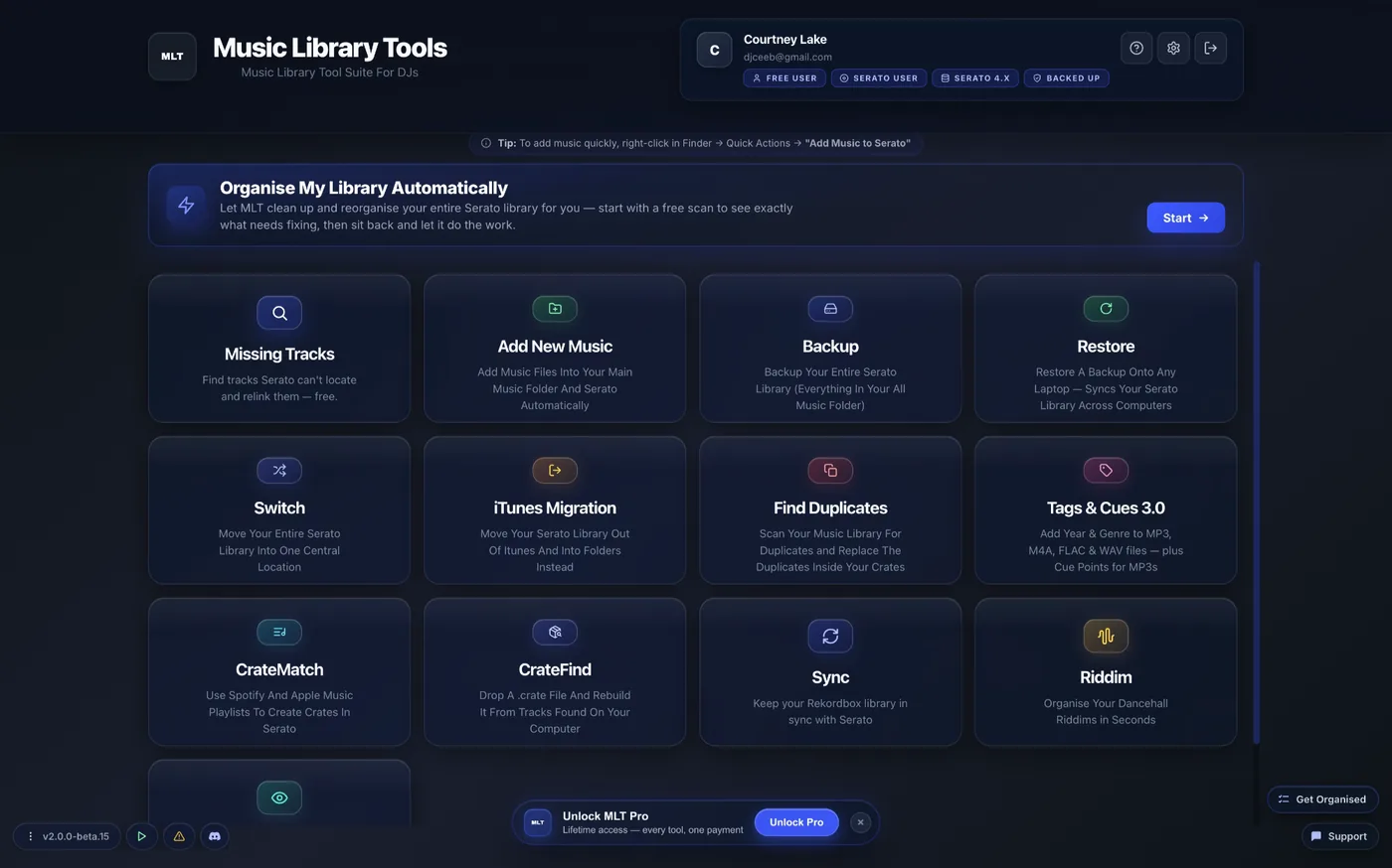 The MLT 2.0 home screen — every app on one dashboard, with Serato 4 detected and the Organise My Library banner across the top.
