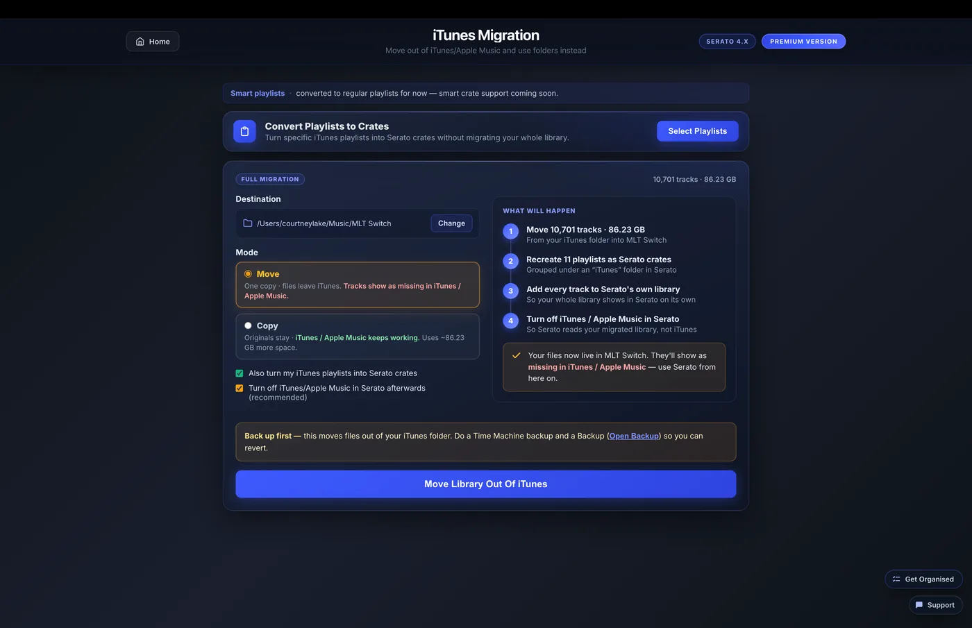 MLT iTunes Migration with destination and Move/Copy options on the left and a live what-will-happen list on the right.