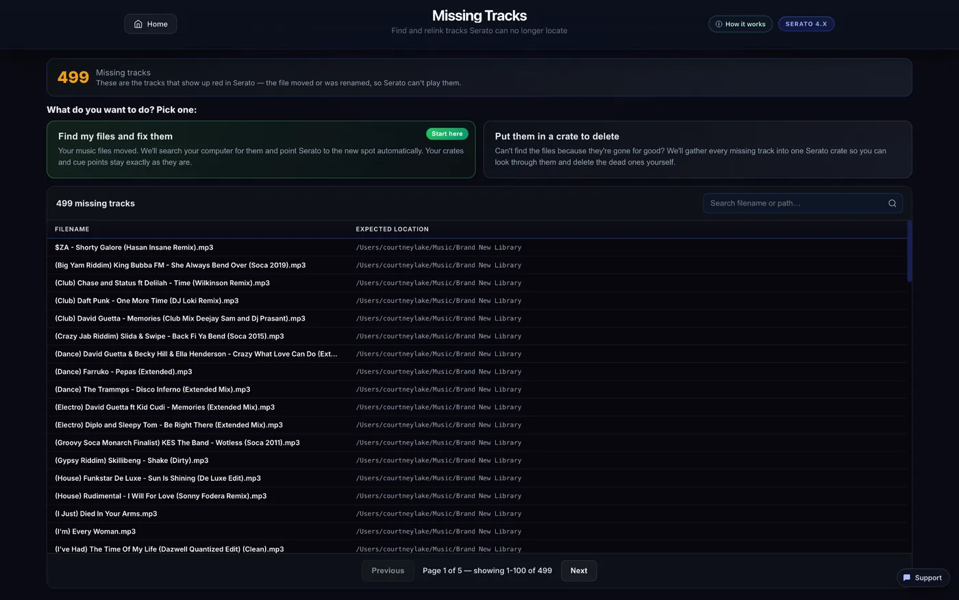 MLT Missing Tracks showing 499 missing tracks and two options: find my files and fix them, or put them in a crate to delete.