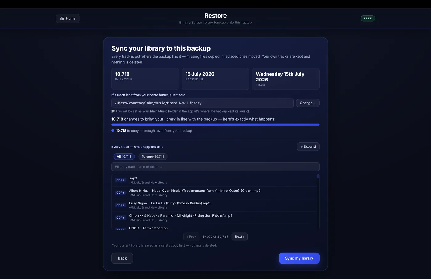 MLT Restore showing the sync plan — 10,718 tracks in the backup, dated, with a breakdown of what happens to every file.
