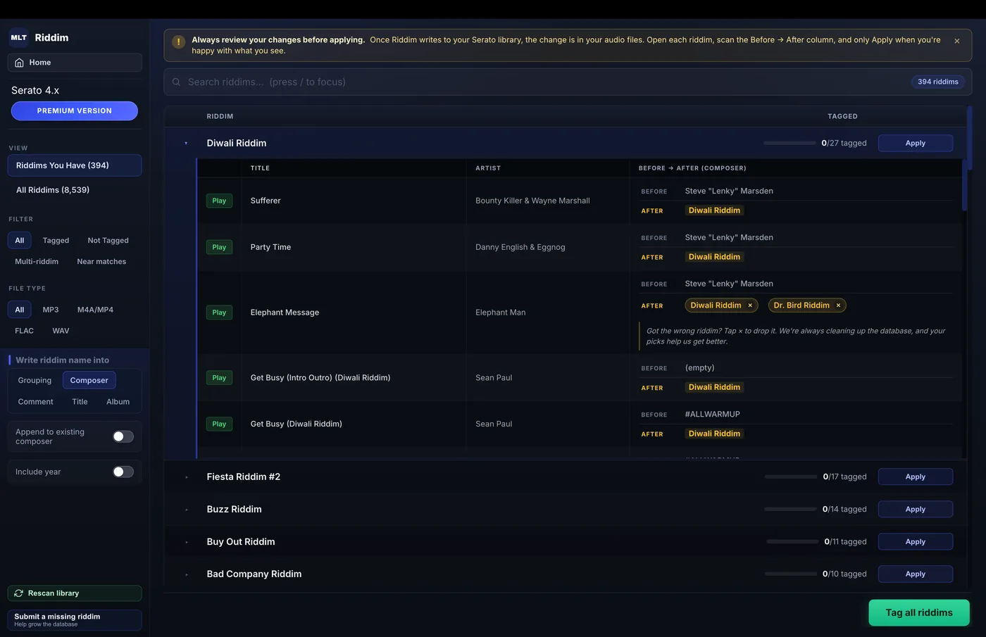 MLT Riddim grouping dancehall tracks under Diwali Riddim, showing the before and after tag for each track.