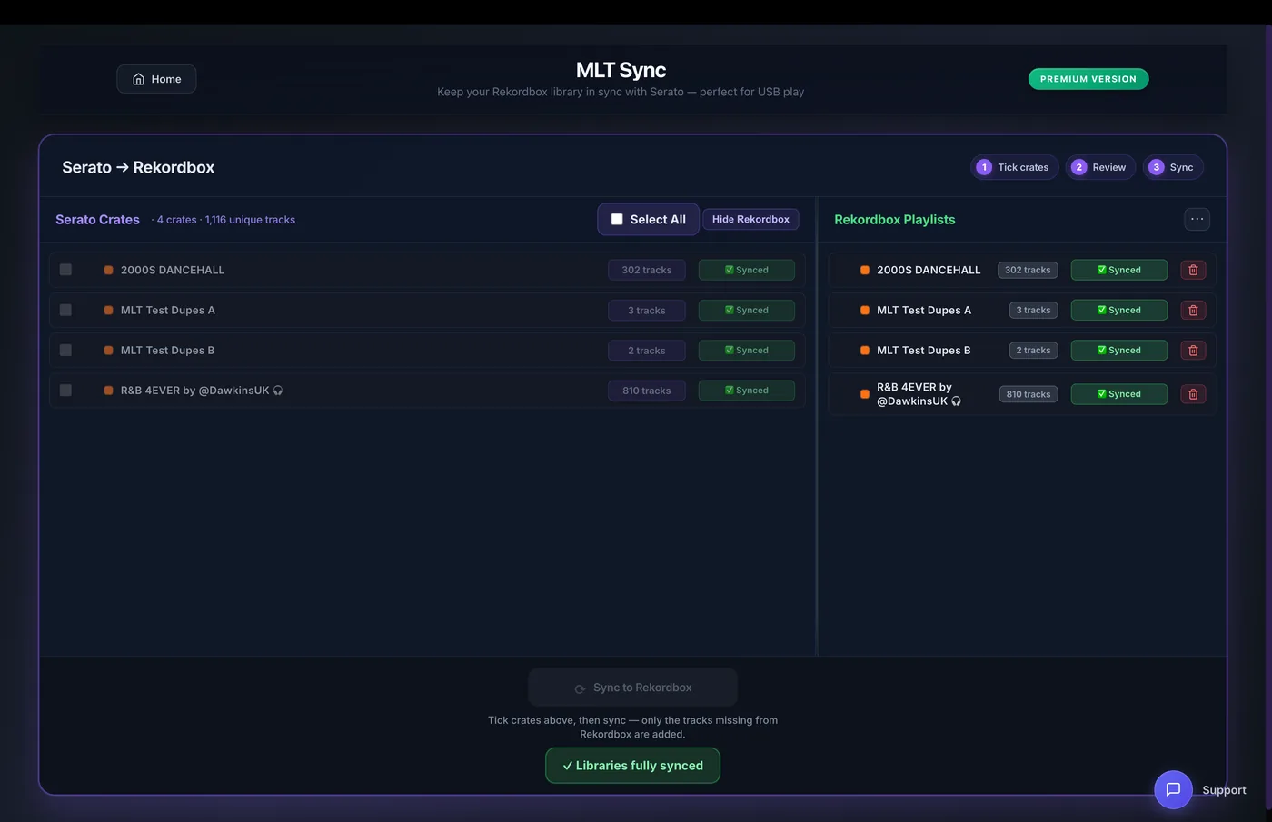 MLT Sync with Serato crates on the left and Rekordbox playlists on the right, all showing as fully synced.