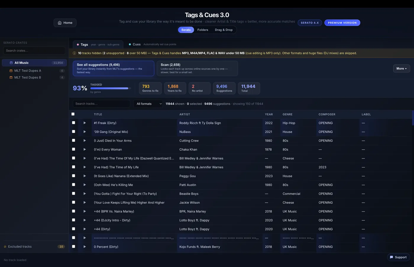 MLT Tags & Cues 3.0 showing a library at 93% tagged, with See all suggestions and Scan options above the track table.