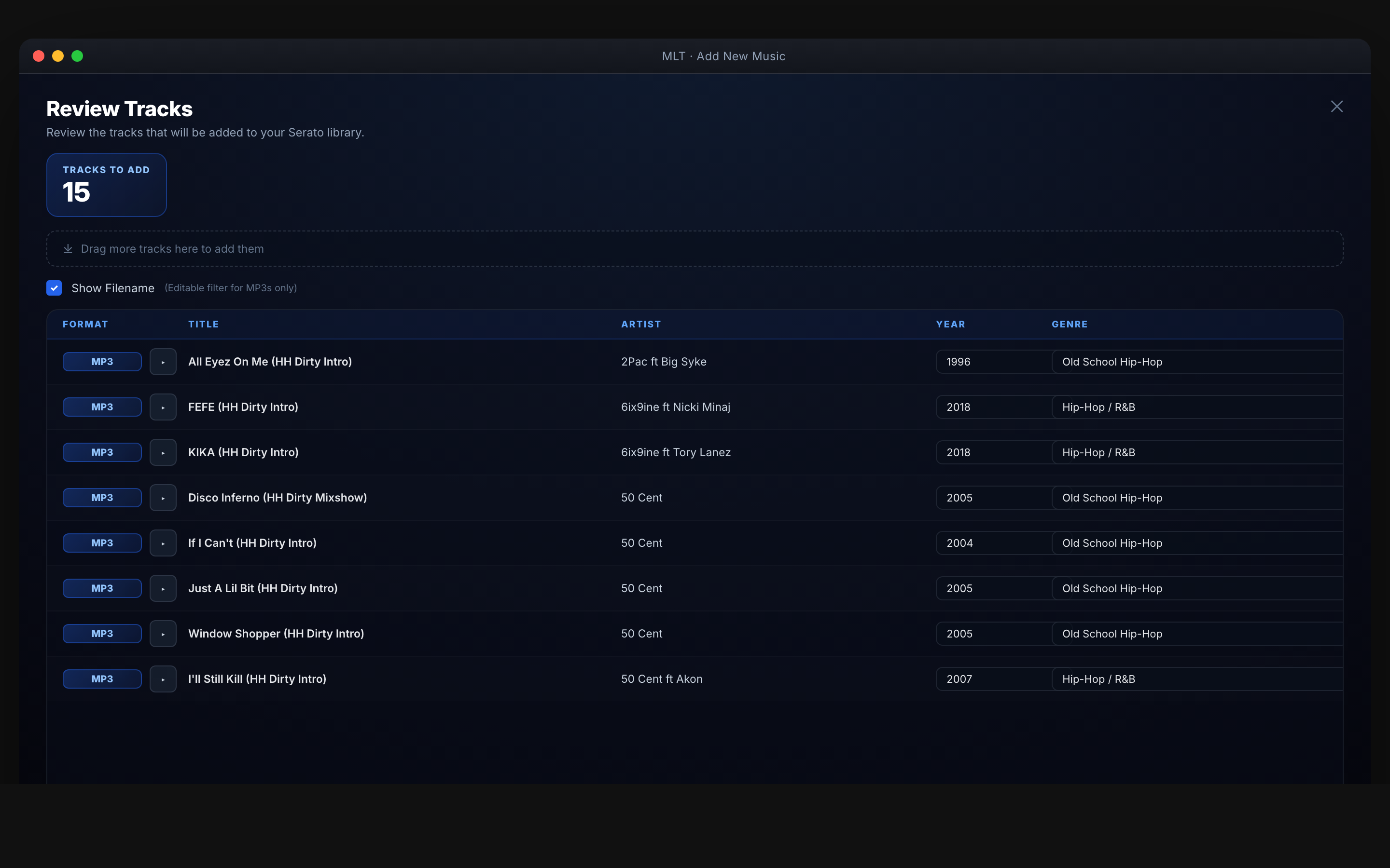 MLT Add New Music app — right-click to add files to Serato