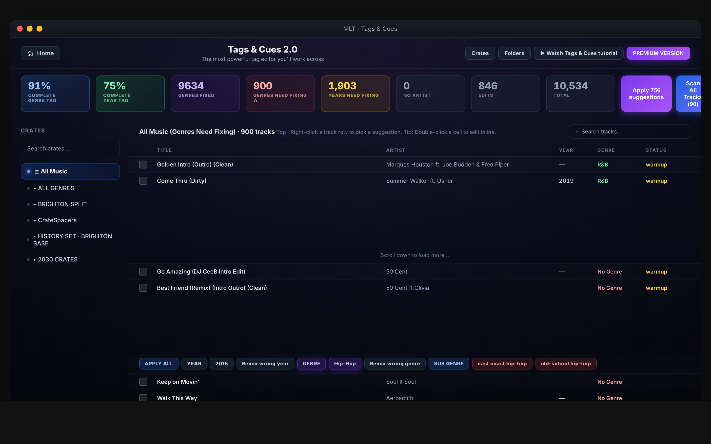 MLT Tags & Cues app — bulk genre, year and cue-point editing